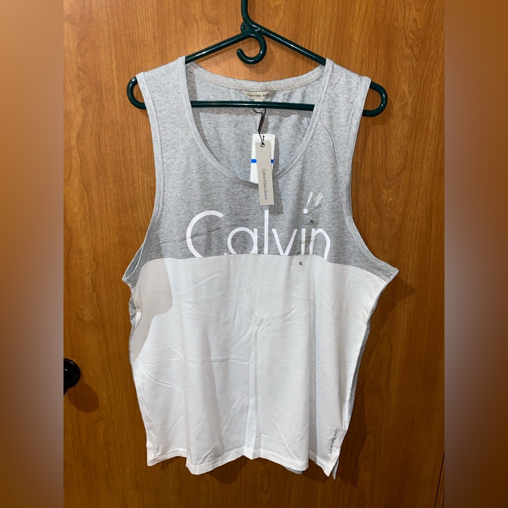 Calvin Klein Heather Gray and White Sleeveless Tee